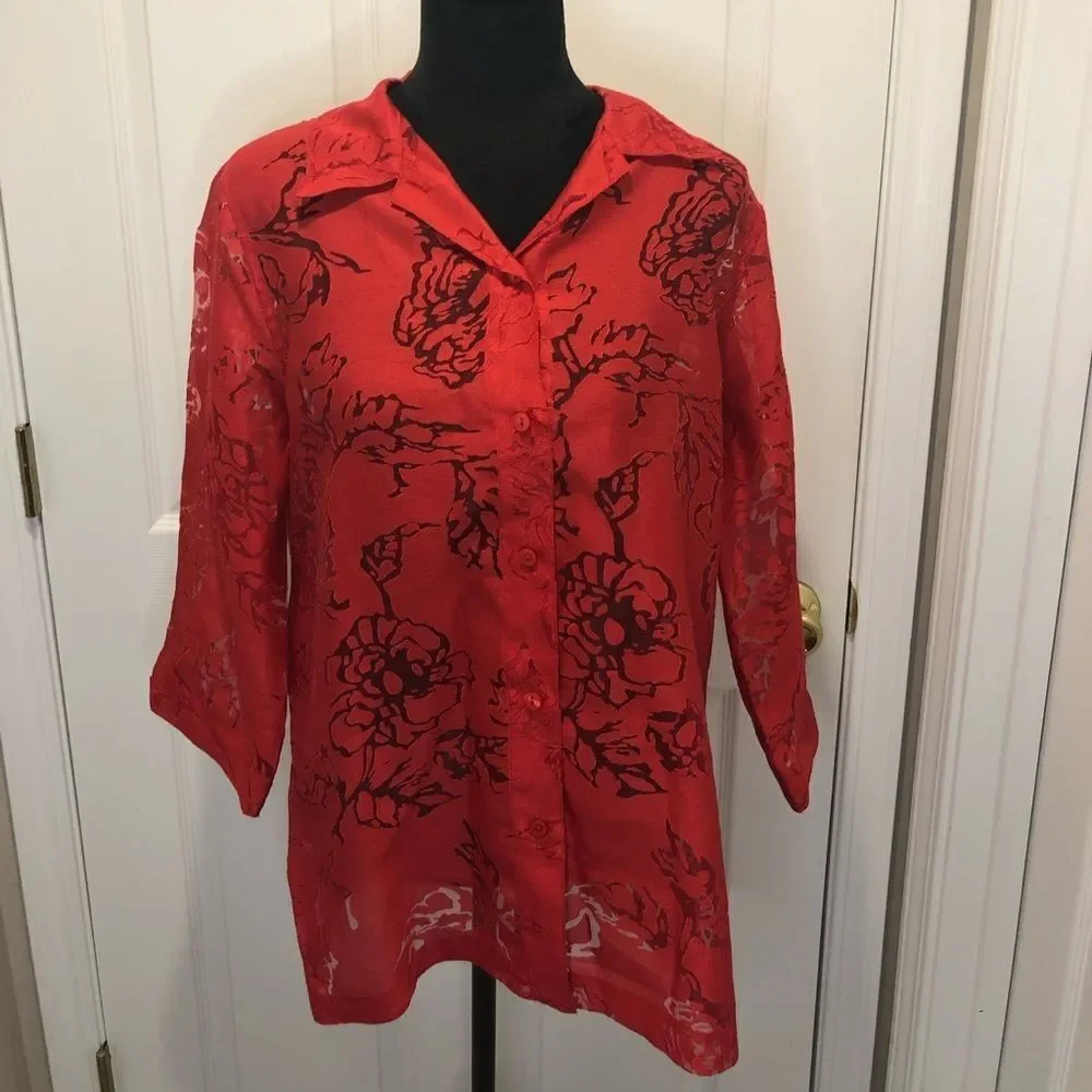TanJay red button down blouse with sheer flowers - Picture 1 of 11
